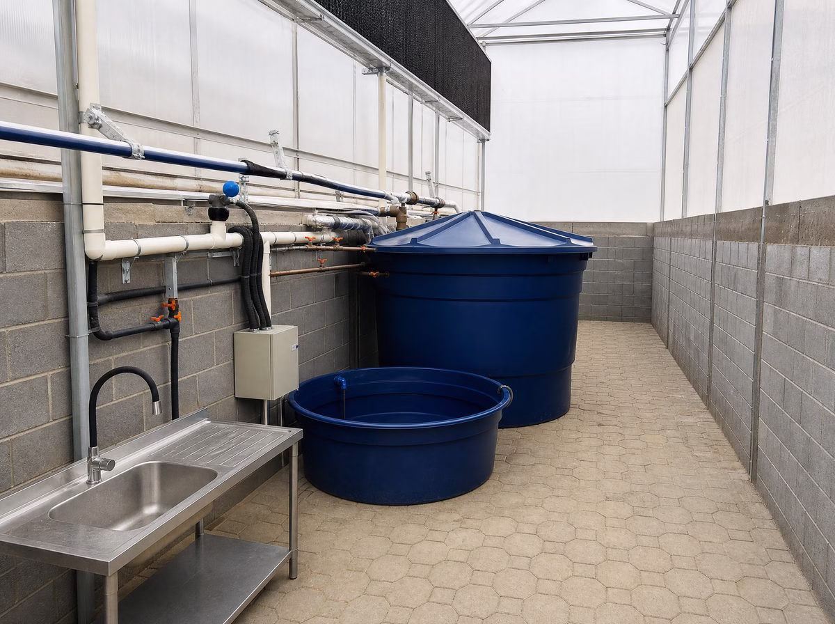 Área de fertirrigação em estufa com tanques de solução nutritiva e tubulação de irrigação