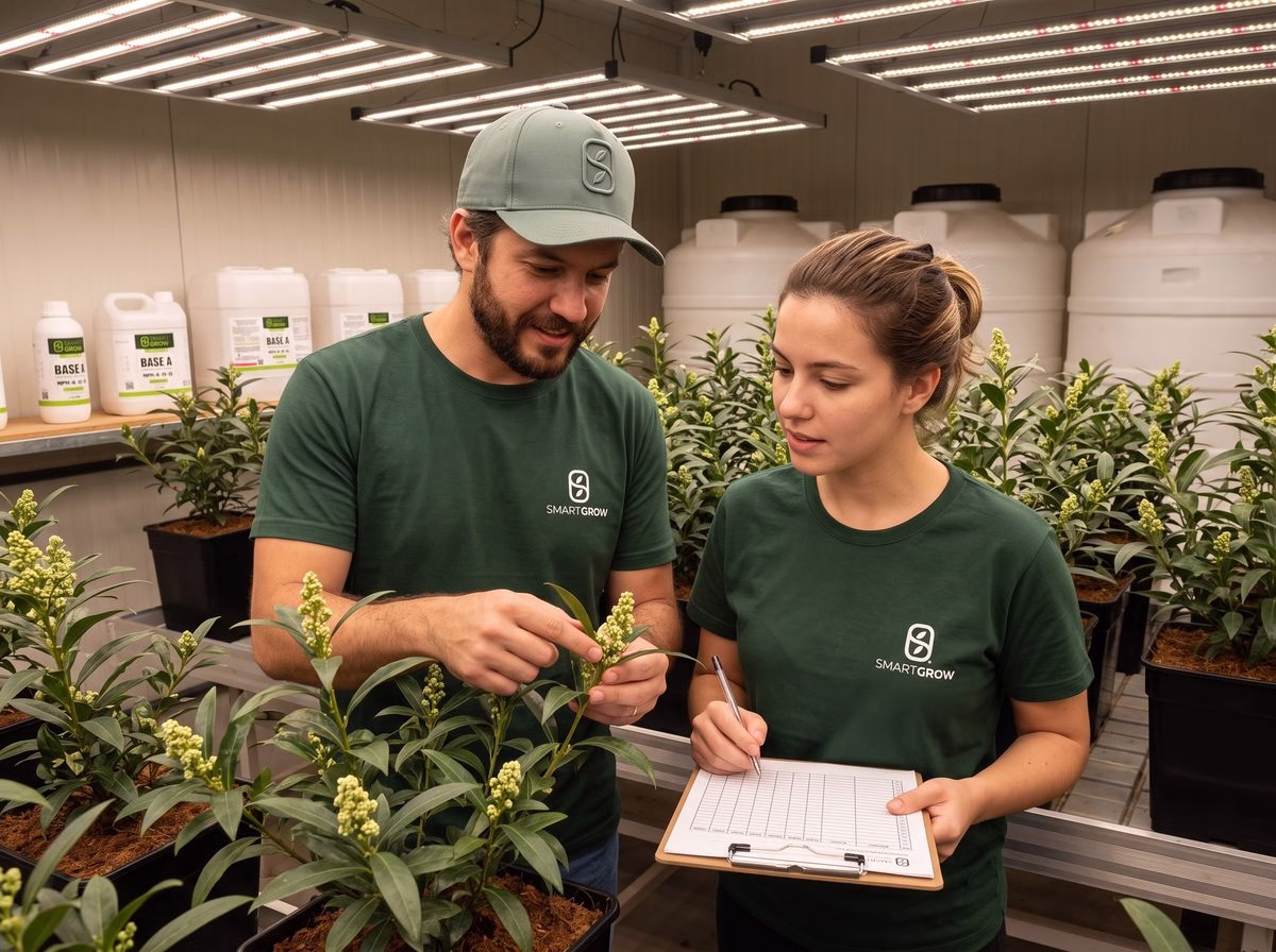 Consultores da Smart Grow avaliando as plantas e registrando dados na sala de cultivo