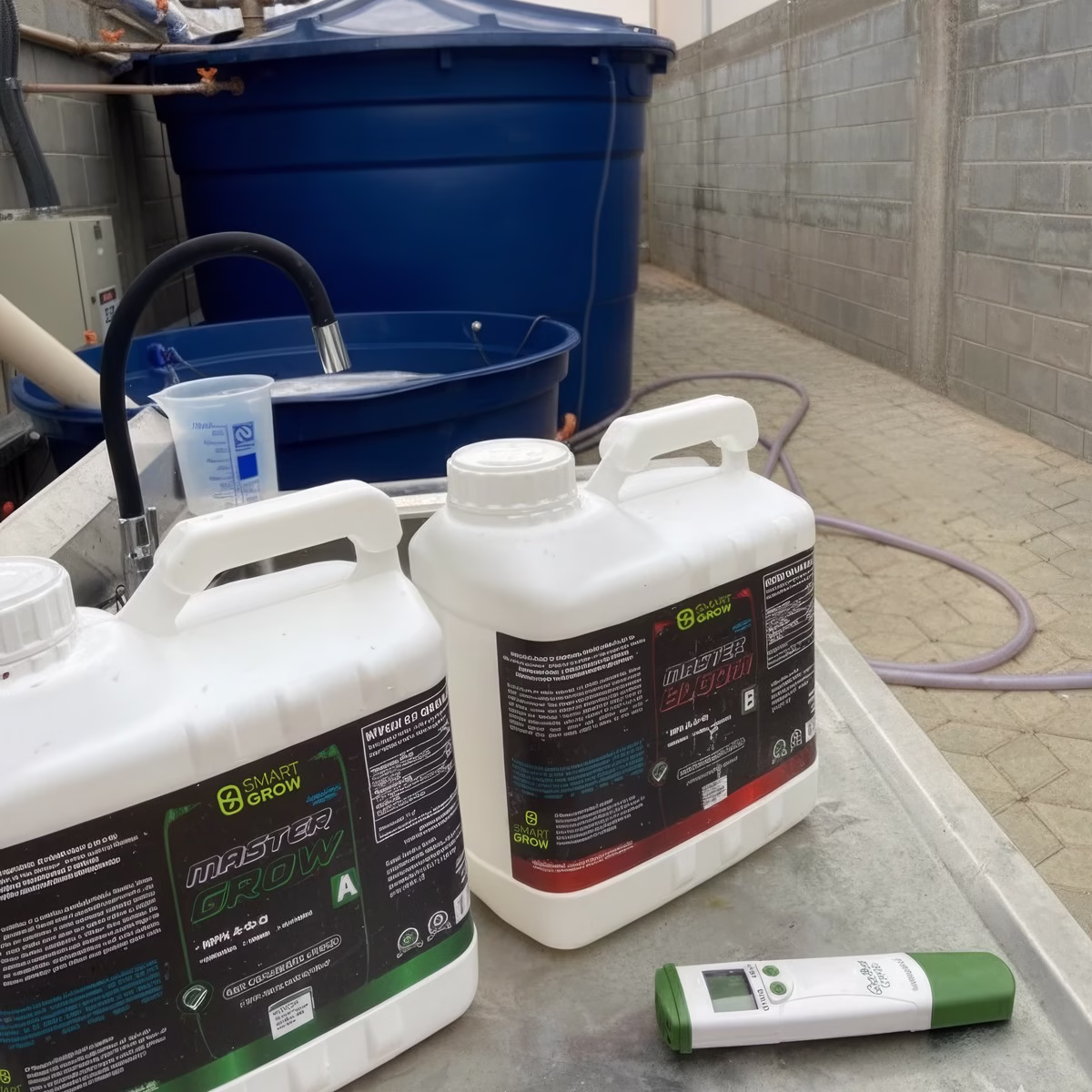 Tanque de solução nutritiva em estufa com bombonas de 5 litros de Master Grow A e Master Bloom B da Smart Grow e medidor de pH